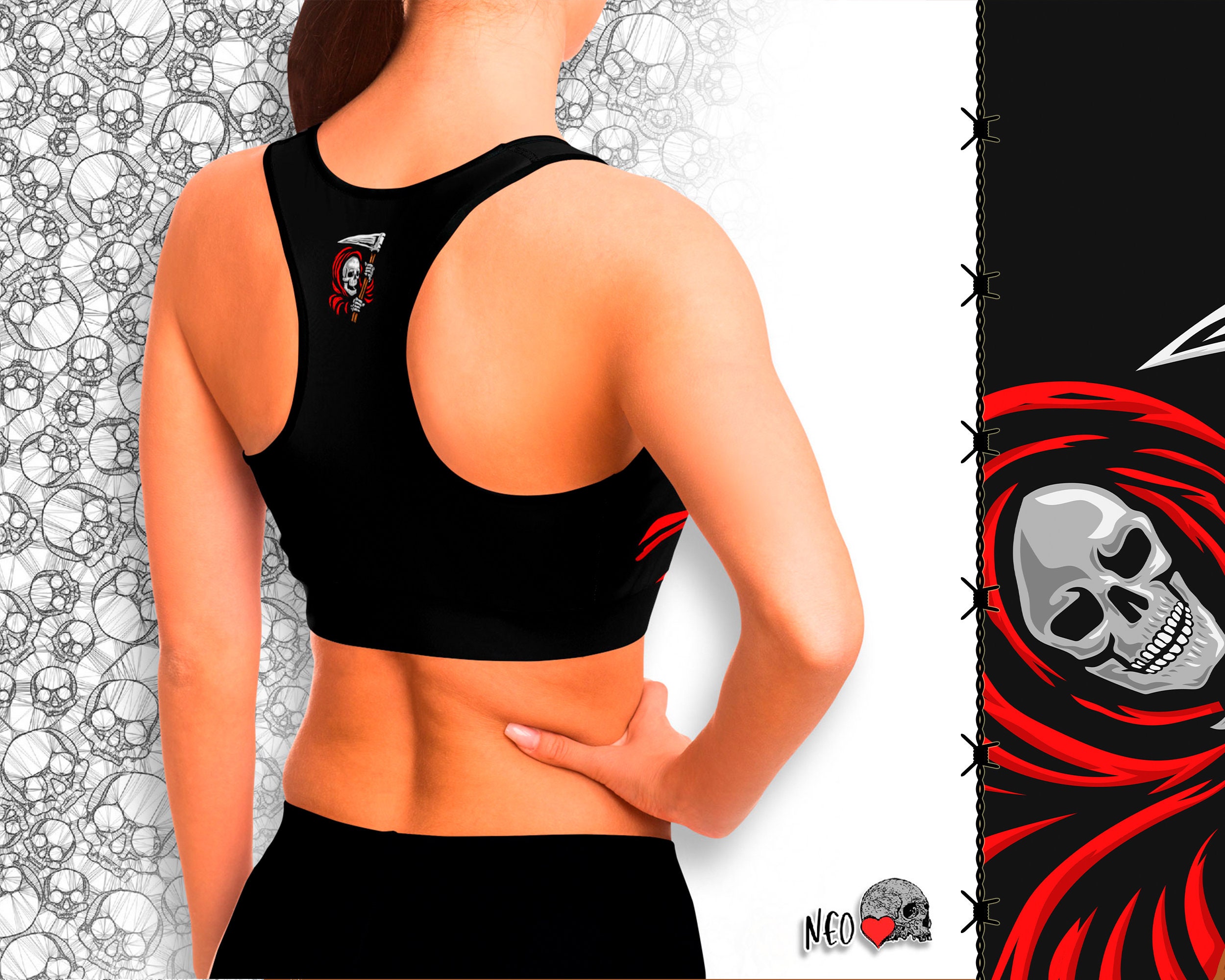 Discover All-Over Print Sports Bra grunge skull