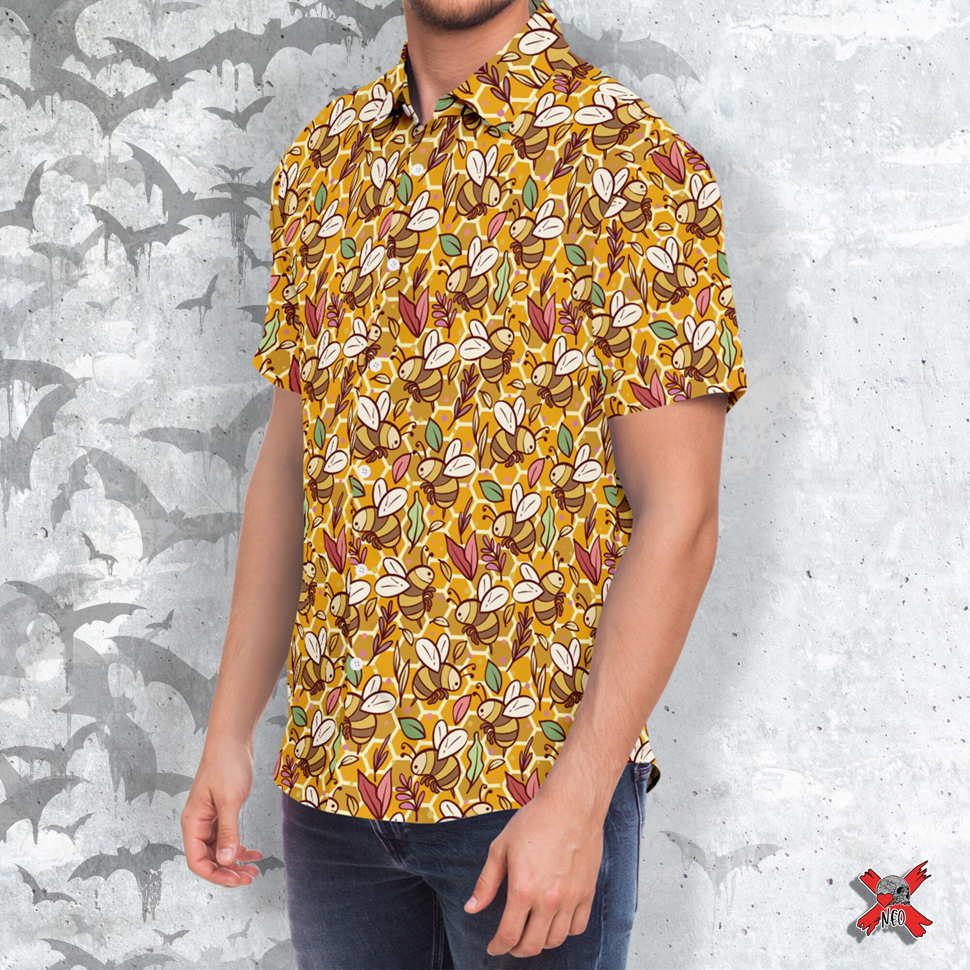bee dress shirt White Bees Short Sleeve Shirt Mens Printed Casual Button-Down