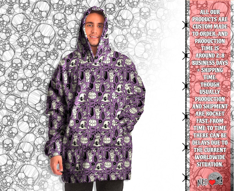 May include: A purple hooded sweatshirt with a repeating pattern of skulls, hands, pumpkins, and other Halloween-themed imagery. The text "ALL OUR PRODUCTS ARE CUSTOM MADE TO ORDER, AND PRODUCTION TIME IS AROUND 2-8 BUSINESS DAYS + SHIPPING TIME. THOUGH USUALLY PRODUCTION AND SHIPMENT ARE ROCKET FAST, FROM TIME TO TIME THERE CAN BE DELAYS DUE TO THE CURRENT WORLDWIDE SITUATION. NEO" is printed on the right side of the image.