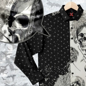 Dandelion and Skull Long Sleeve Button-Up Shirt, Floral Punk Fashion for Men, Alternative Style Statement