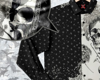 Dandelion and Skull Long Sleeve Button-Up Shirt, Floral Punk Fashion for Men, Alternative Style Statement