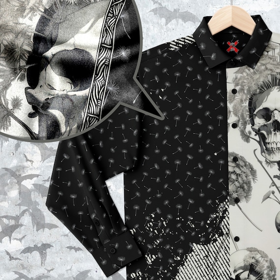 Dandelion and Skull Long Sleeve Button-up Shirt, Floral Punk  