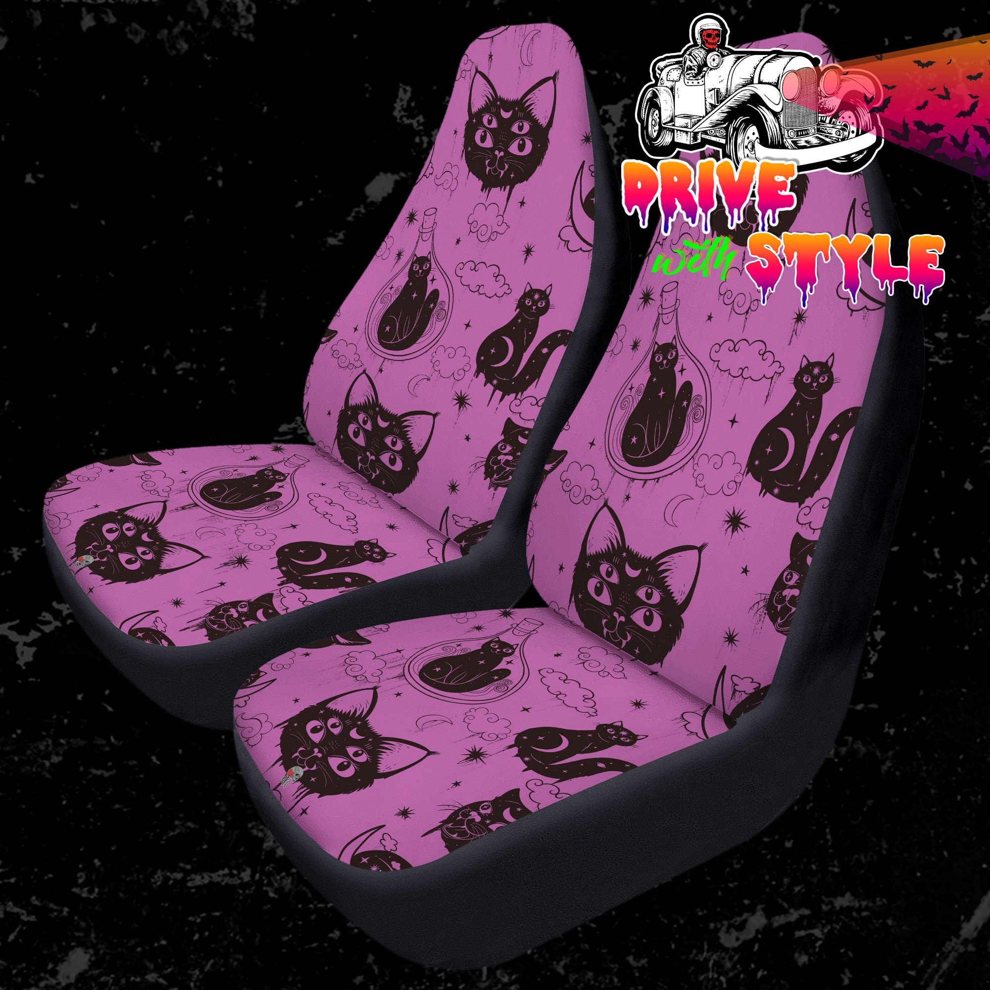 Purr Evil Pastel Goth Car Seats Covers, Grunge Gothic Car Seats Protector,  Halloween Vamp Car Accessories, Bat Swarm Witchy Halloween 