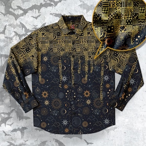 May include: A long-sleeve button-down shirt featuring a black and gold celestial print on the lower half and a gold and black geometric patchwork pattern on the upper half. The celestial design includes suns, moons, stars, and clouds.