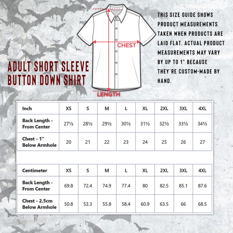 Puede incluir: Tabla de tallas para camisas de manga corta con botones para adultos. La tabla muestra las medidas en pulgadas y cent&iacute;metros para la longitud de la espalda, el pecho y debajo del brazo. Las tallas van de XS a 4XL.