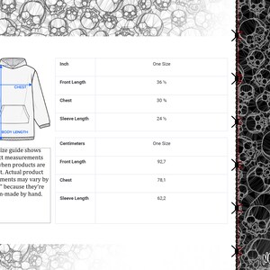 May include: Size chart for a hoodie with measurements in inches and centimeters. The chart shows the front length, chest, and sleeve length for one size.