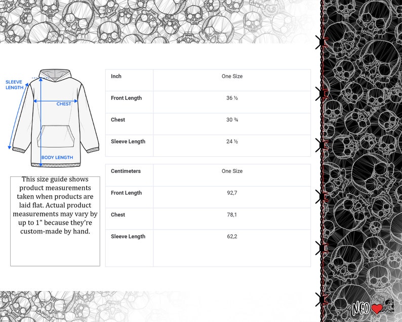 May include: Size chart for a hoodie with measurements in inches and centimeters. The chart shows the front length, chest, and sleeve length for one size.
