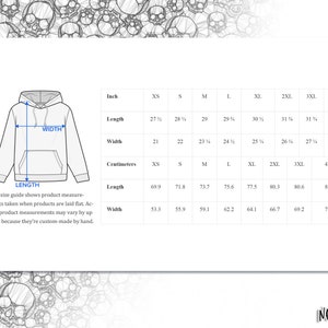 May include: Size chart for a hoodie with measurements in inches and centimeters. The chart shows the length and width of the hoodie in different sizes, from XS to 4XL.