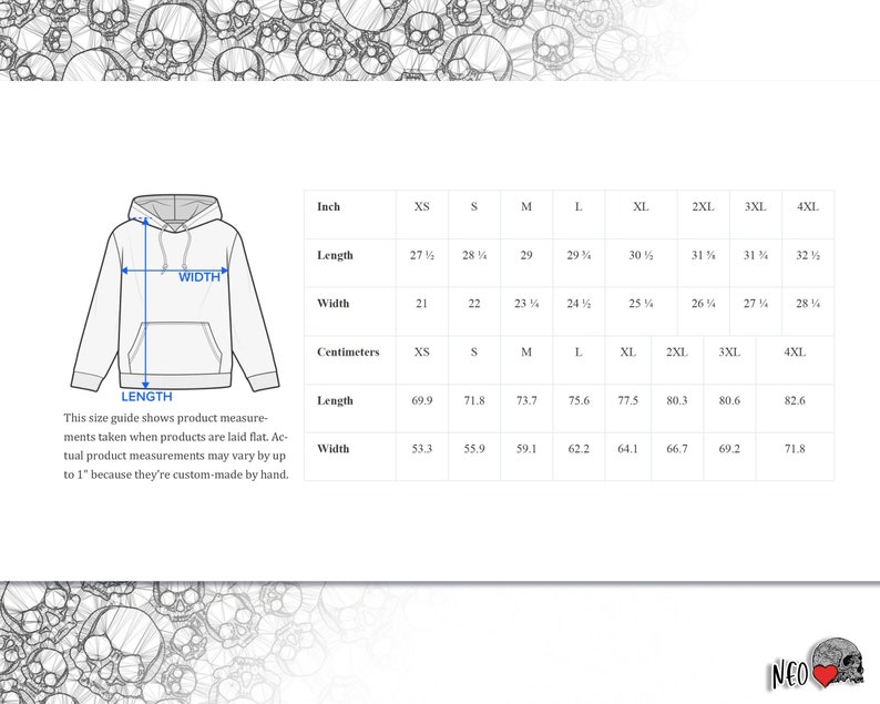 May include: Size chart for a hoodie with measurements in inches and centimeters. The chart shows the length and width of the hoodie in different sizes, from XS to 4XL.