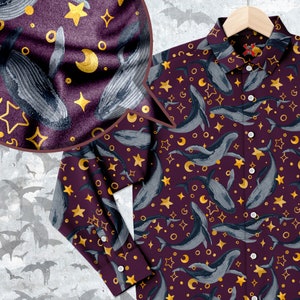 Star Whales Long Sleeve Button-up Shirt, Goth Shirt, Dark Magic Clothing, marine boho style celestial magic unisex shirt