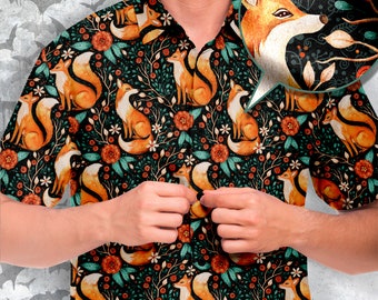 Cottagecore Fox Print Short Sleeve Button-Up Shirt, Colorful woodland Nature Inspired shirt