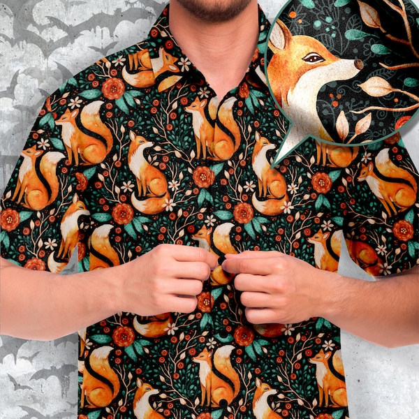 Cottagecore Fox Print Short Sleeve Button-Up Shirt, Colorful woodland Nature Inspired shirt