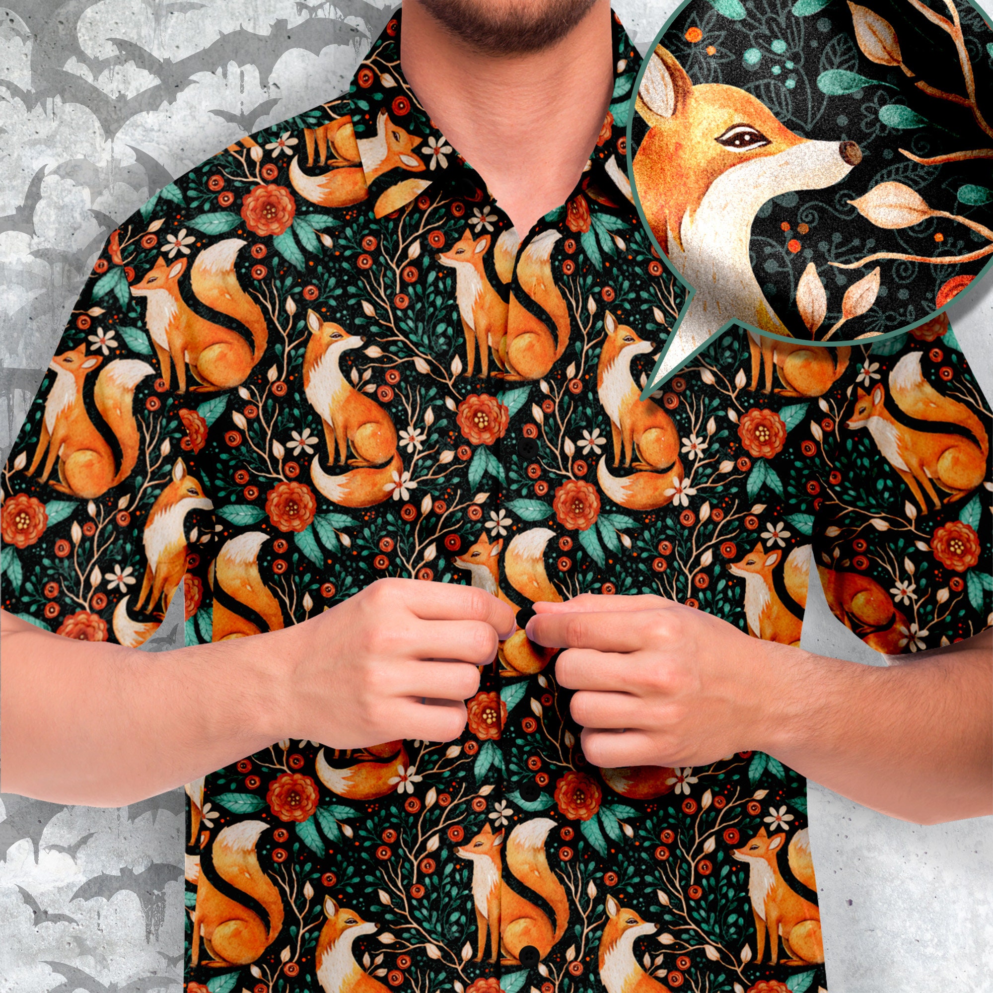 Cottagecore Fox Print Short Sleeve Button-up Shirt, Colorful