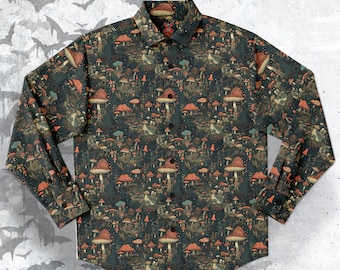 Long Sleeve Button-up Shirt, Ancient Scandinavian forest, mushrooms, fungi, Cottagecore, Mystic Clothing, Magical Viking boho shirt
