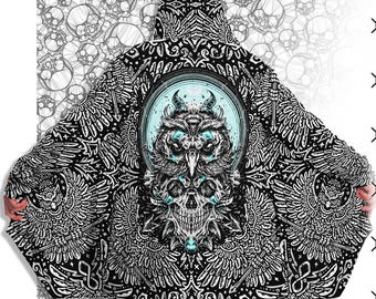Polar Owl Skull Hooded Cloak: Gothic Microfleece Coat
