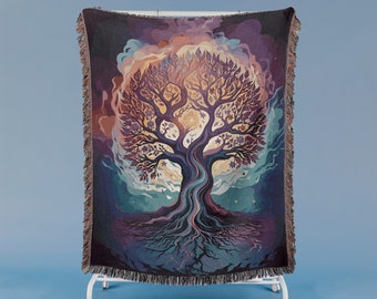 Tree Of Life Woven Blanket: Cotton Jacquard Tapestry with Fringe