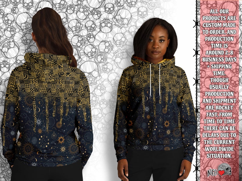 May include: A black hoodie with a gold and black celestial print. The print features stars, moons, and suns. The hoodie has a drawstring hood and a kangaroo pocket.