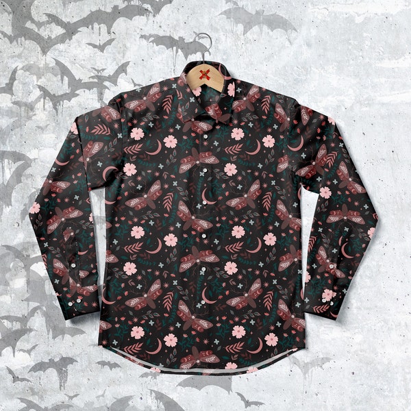 Cottagecore Sweet druid Long Sleeve Button-up Shirt, Mystic Clothing, Magical hippies boho unisex shirt moths and flowers