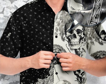 Dandelion and Skull Short Sleeve Button-Up Shirt, Floral Punk Fashion for Men, Alternative Style Statement