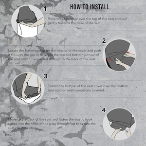 May include: A four-step illustrated guide on how to install a seat cover. The guide shows a person installing a gray seat cover on a car seat. The steps include placing the cover over the seat, fastening the flap, stretching the cover over the bottom cushion, and securing the elastic hook straps.