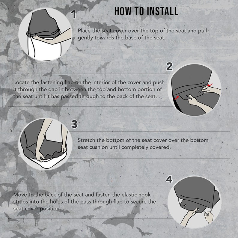May include: A four-step illustrated guide on how to install a seat cover. The guide shows a person installing a gray seat cover on a car seat. The steps include placing the cover over the seat, fastening the flap, stretching the cover over the bottom cushion, and securing the elastic hook straps.