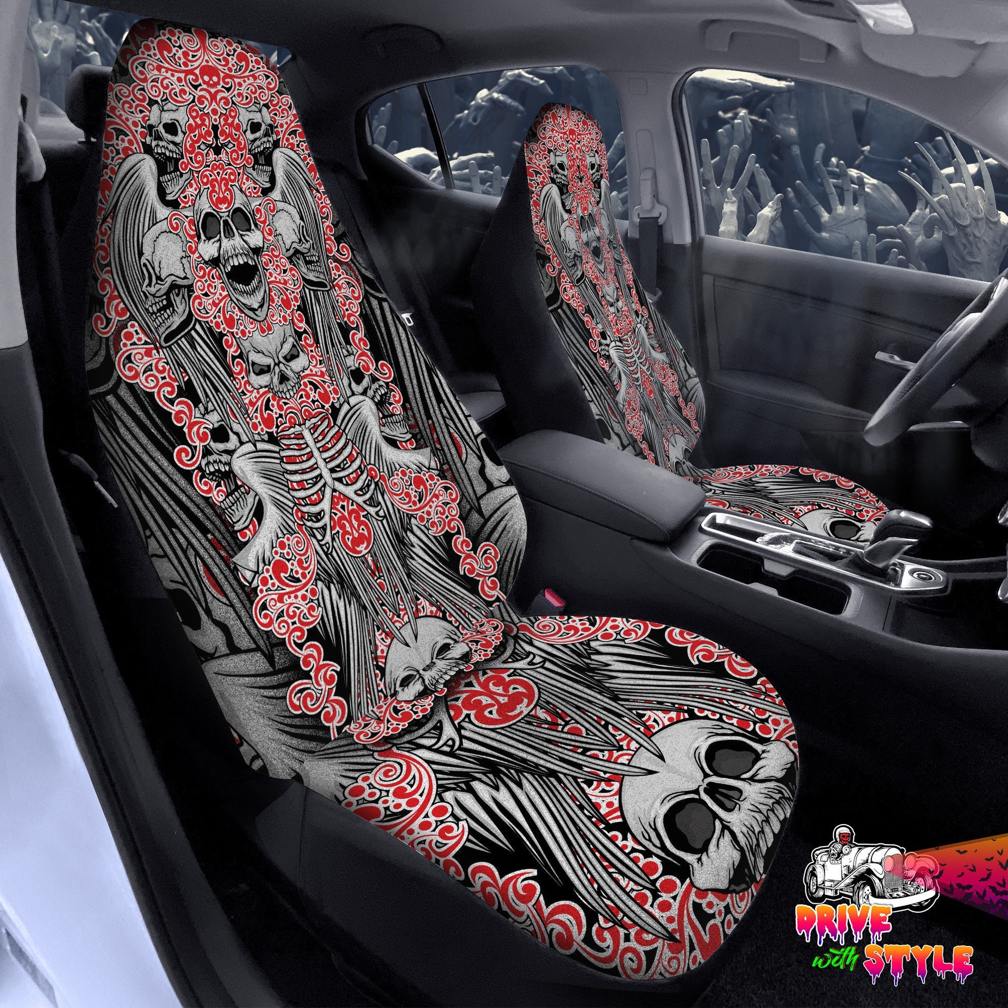 Retro Car Seat Covers, Goth Car Decor Aesthetic Gift for Him,skull Car  Decorations,gothic Car Accessories for Men,tattoo Car Lover Gift 