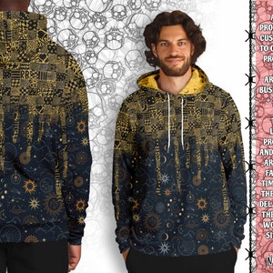 May include: A black and gold hoodie with a celestial pattern featuring moons, stars, and suns. The hoodie has a patchwork design with a variety of geometric shapes and patterns.