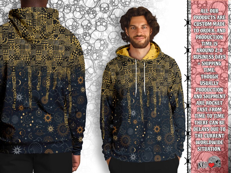 May include: A black and gold hoodie with a celestial pattern featuring moons, stars, and suns. The hoodie has a patchwork design with a variety of geometric shapes and patterns.