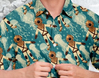 Diver and Jelly Fish Short Sleeve Button-up Shirt, Scuba Diving Shirt