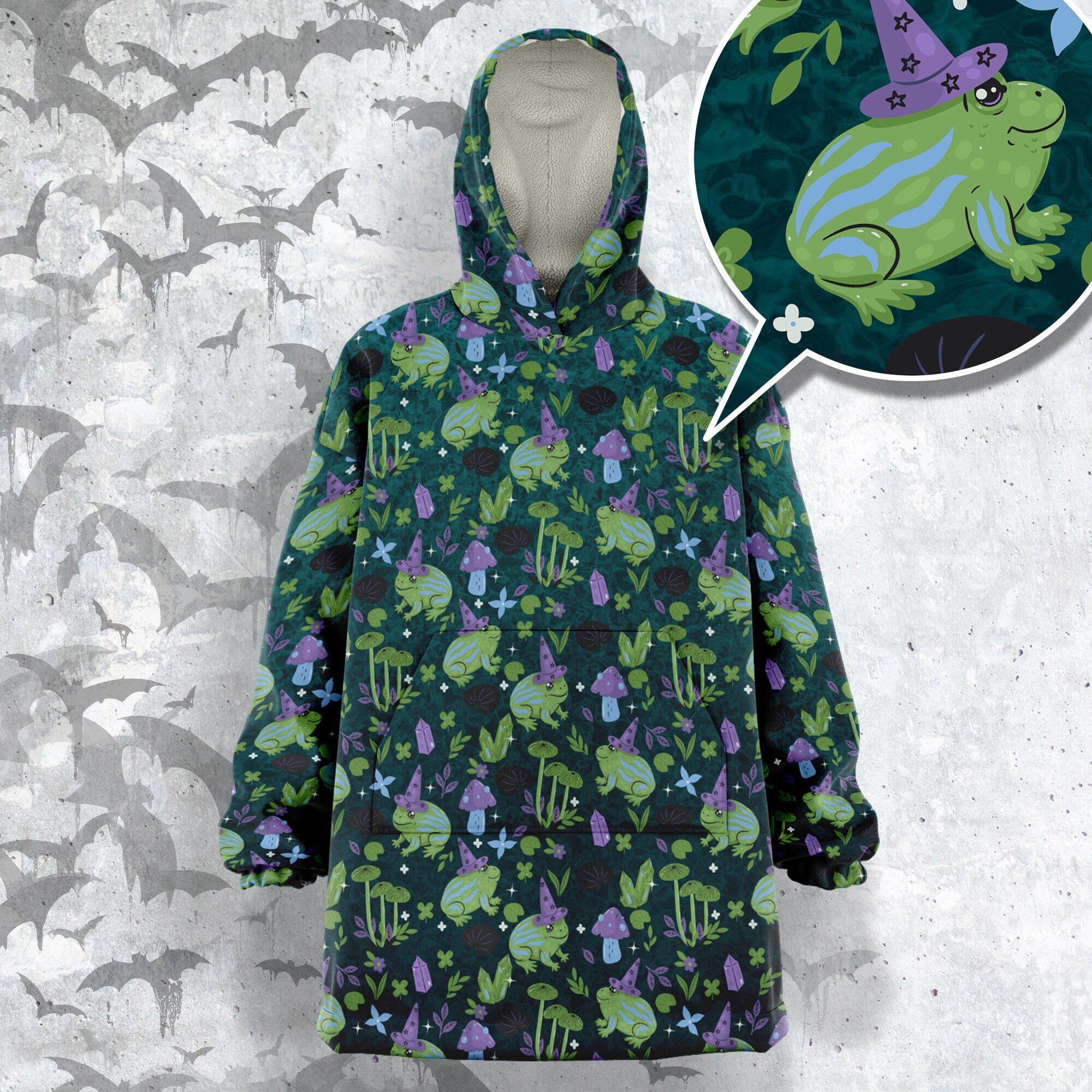 Witch Swamp Snug hoodie, fantasy print wearable blanket, Cute Magic Clothing, magic toads in hats unisex warmer