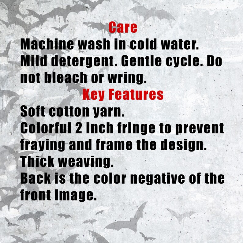 May include: Care instructions for a woven wall hanging with a colorful fringe. Machine wash in cold water, mild detergent, gentle cycle. Do not bleach or wring. Key Features: Soft cotton yarn, 2 inch fringe, thick weaving. The back is the color negative of the front image.