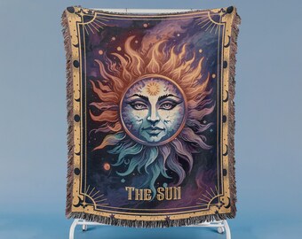Cotton Woven Blanket with Tarot Sun Illustration - Cozy Home Decor