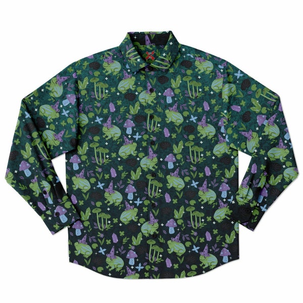 Witch Swamp button Up Style Shirt, long sleeve dress Shirt, Cute Fantasy Magic Clothing, magic toads in hats unisex shirt