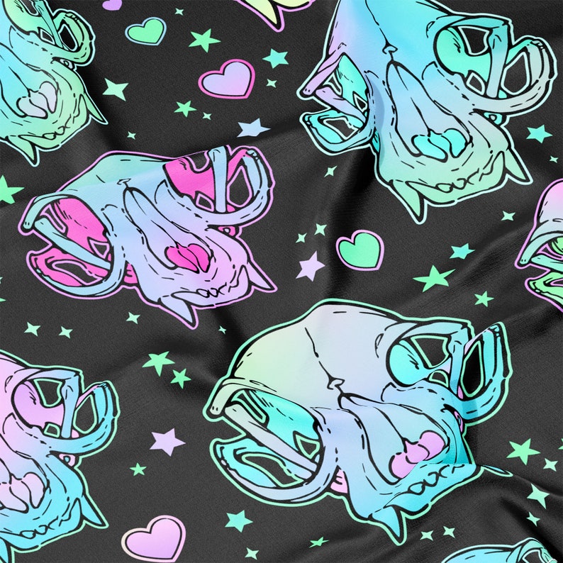 May include: A black fabric with a repeating pattern of pastel colored skulls and stars. The skulls are outlined in black and have a gradient of pink, blue, and green. The stars are also in a gradient of pink, blue, and green.