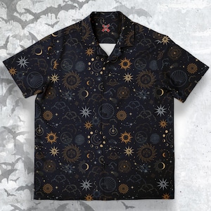 Celestial Button-down Style Shirt, Goth Shirt, Mystic Clothing,  constellation sun moon, Comfort Soft Fabric
