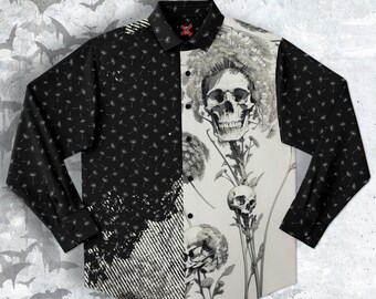 Dandelion and Skull Long Sleeve Button-up Shirt, Floral Punk