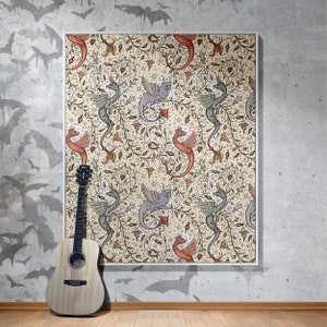 May include: A framed print with a repeating pattern of stylized dragons and floral vines. The dragons are in shades of red, blue, and green, and the vines are in shades of brown and green. The background is a cream color.