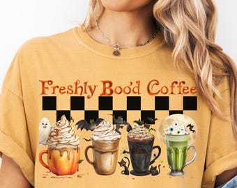 Freshly Boo’d Coffee Halloween shirt Trendy Halloween Coffee lover T Retro Checkered Halloween Humor t Spooky Caffeinated FallScream sugar