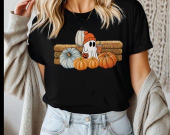 Ghost Shirt, Vintage Floral Ghost Halloween Shirt, pumpkin  Halloween Shirt, Cute Ghost Shirt, Retro Fall Shirt, Vintage Ghost Shirt.