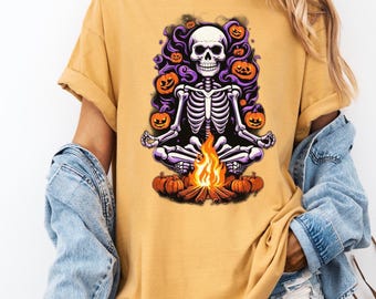夏のキャンプファイヤー、ハロウィン好き、骸骨グラフィックTシャツ、ジャック・オー・ランタン、カボチャ彫刻シャツ、学校生活、夏のパーティー、誕生日プレゼント、すべて