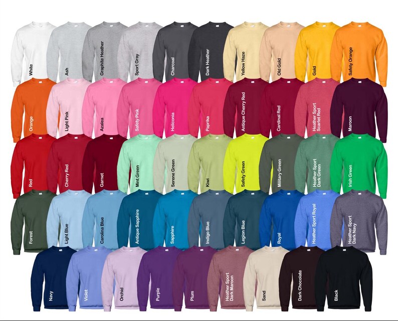 May include: A collection of 50 crewneck sweatshirts in various colors, including red, blue, green, yellow, orange, purple, and black. The sweatshirts are arranged in rows and columns, with each color represented.
