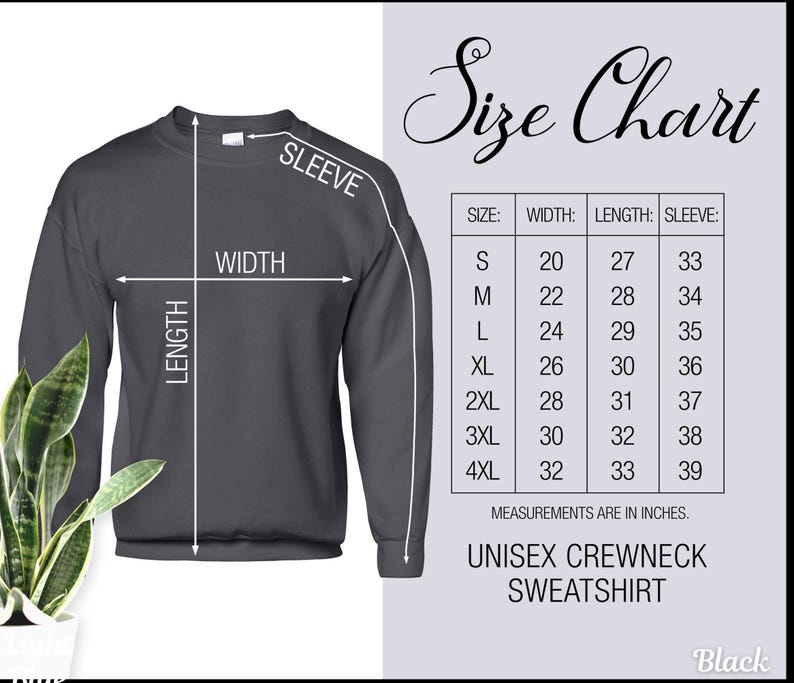 Peut inclure: Un sweat-shirt ras du cou unisexe gris fonc&eacute; avec un tableau des tailles. Le tableau indique les mesures en pouces pour la largeur, la longueur et la longueur des manches, allant de la taille S &agrave; 4XL. Le texte "Size Chart" est en haut.