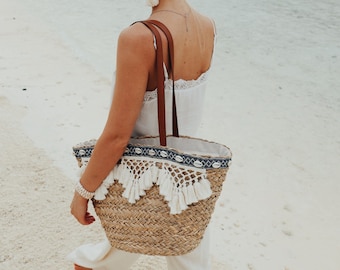 SANTORINI Boho beach bag with long handles and zipper