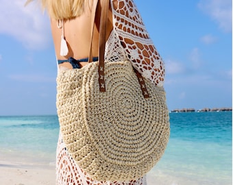 Sac rond en paille CHYPRE avec anse en cuir