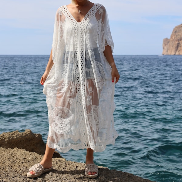 Langes Strandkleid MALLORCA transparentes Bikini Cover Up weiß