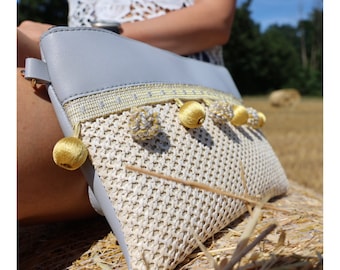 Small boho straw bag VALETTA with pompoms