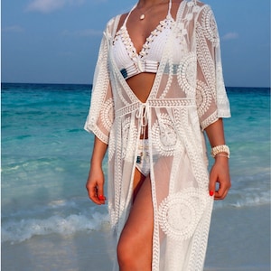 Robe de plage longue bohème kimono FLORENCE transparente avec dentelle image 3