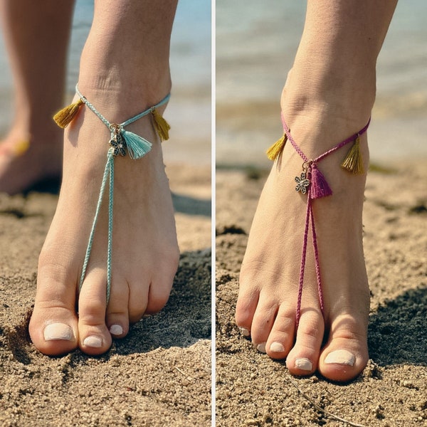 Fußkettchen QUASTEN LOVE Makramee Fußschmuck, Barfußsandale für Strandhochzeit