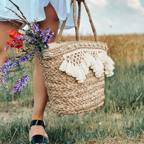 Korbtasche IBIZA Makramee Strandtasche mit Reißverschluss