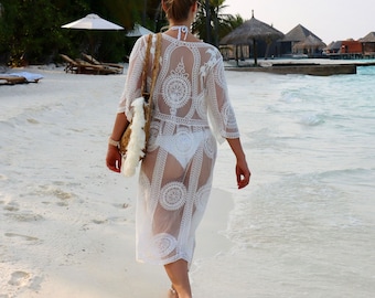 Vestido de playa largo kimono boho FLORENCE transparente con encaje